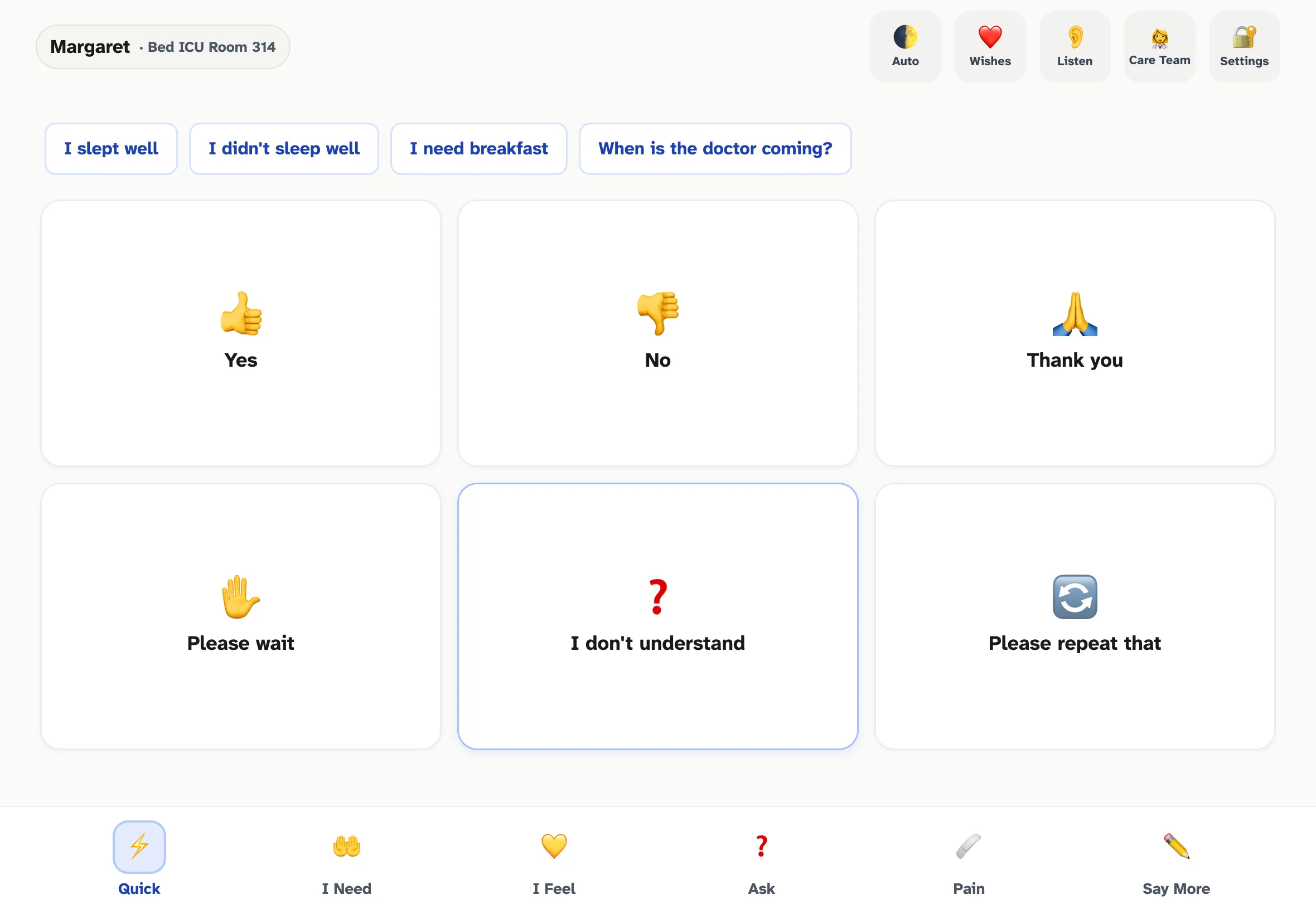 The OwnVoice main app view with the Quick tab selected, showing six large gridcells: Yes, No, Thank you, Please wait, I don't understand, Please repeat that. Above the grid: contextual buttons for 'I slept well', 'I didn't sleep well', 'I need breakfast', 'When is the doctor coming?'. The header shows patient name 'Margaret · Bed ICU Room 314'. The bottom navigation shows tabs: Quick, I Need, I Feel, Ask, Pain, Say More.