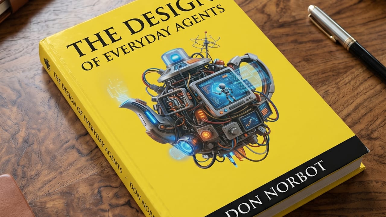 A mock hardcover titled "The Design of Everyday Agents" by Don Norbot, a yellow jacket with a robotic teakettle on the cover, lying on a wooden desk beside a pen